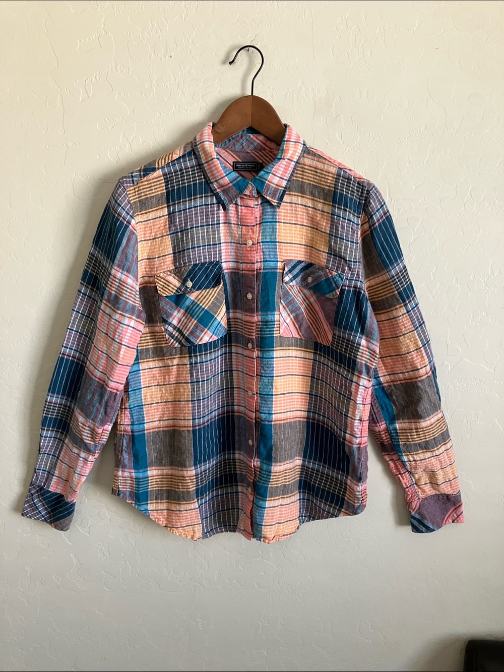 Vineyard Vines Womens 14 Linen Pink Plaid Button Up Shirt Long Sleeve